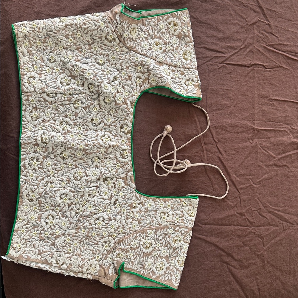 Floral Embroidered Saree Blouse with Green Trim